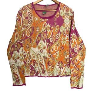 Geiger Austria Size Large Fuchsia Orange Paisley Linen Blend Cardigan Tank Set